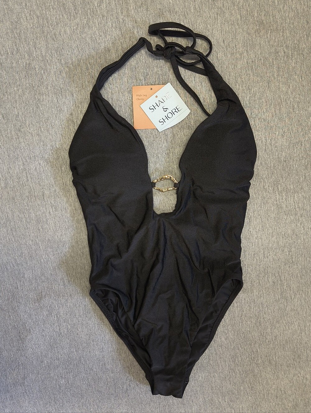 Shade & Shore High‑Shine Plunge Ring‑Hardware High‑Leg One‑Piece – Black S NWT